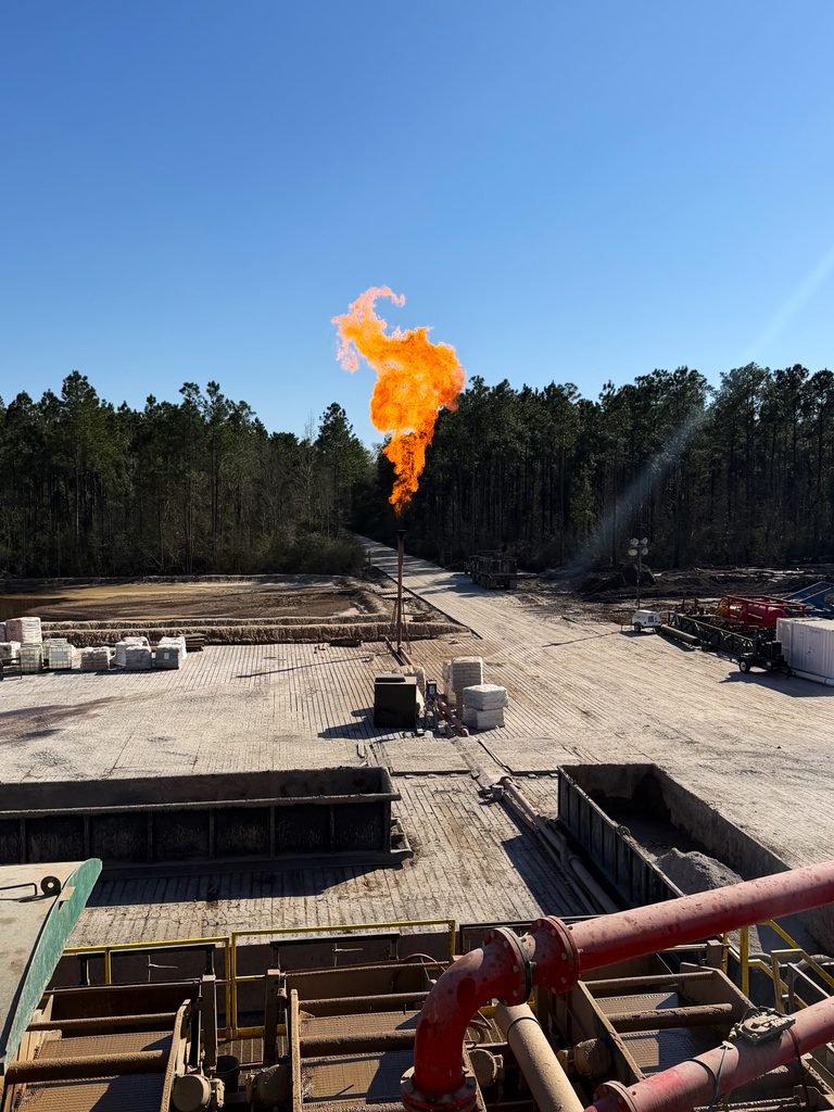 A successfully drilled well in South Louisiana, demonstrating strong reservoir pressure during drilling and producing a 30-foot flare.